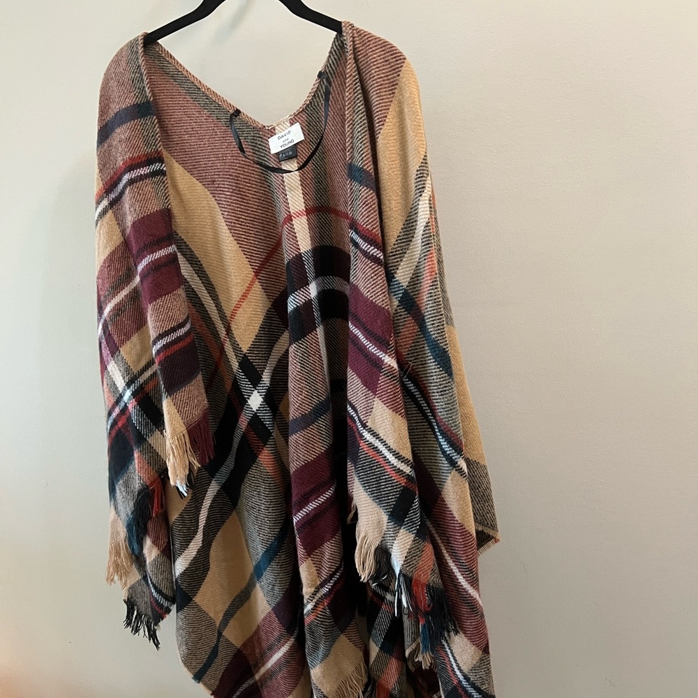 David and Young Plaid Poncho in Beige, Burgundy & Black